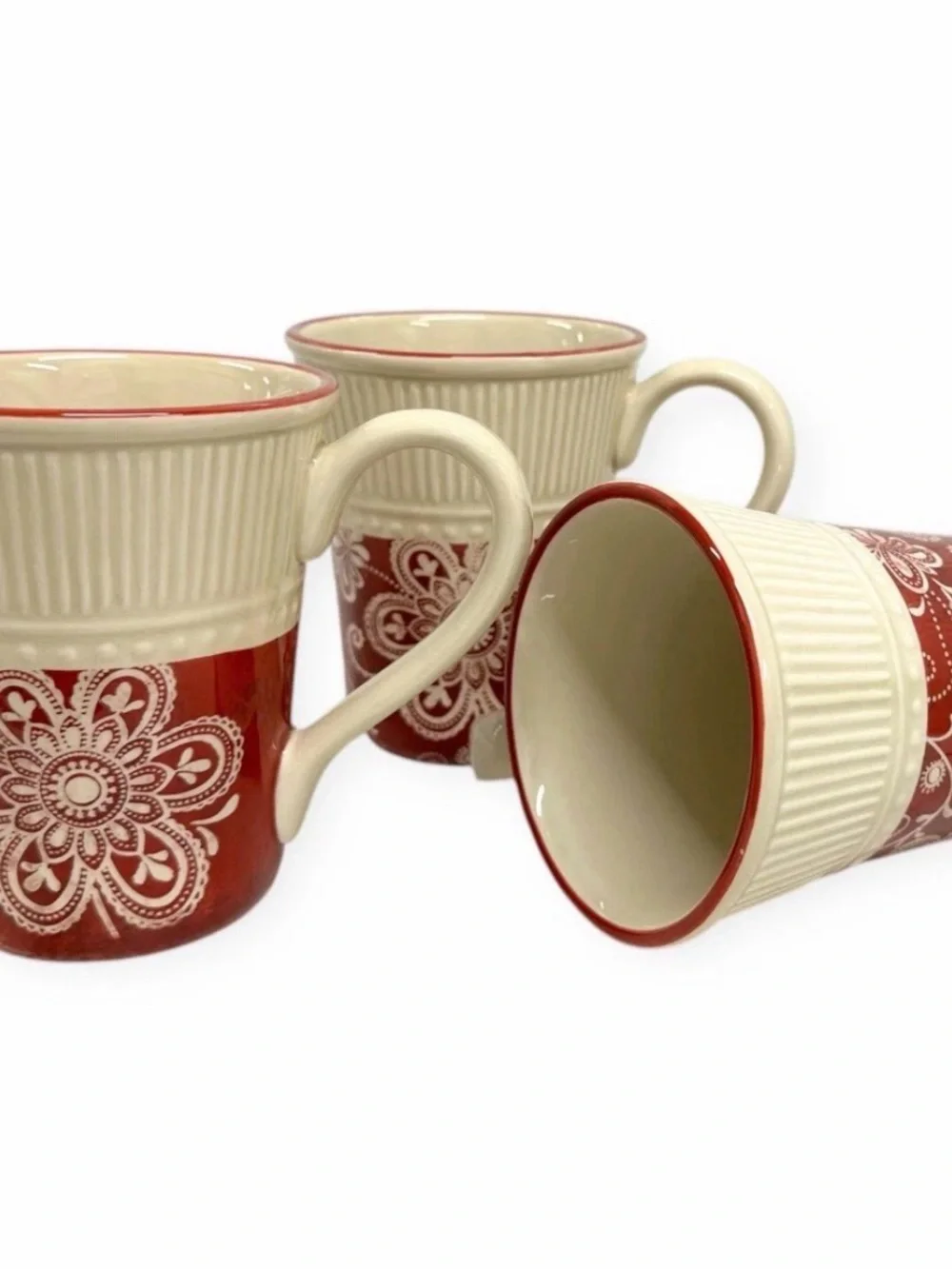 Pier 1 Imports Maribeth Ironstone Mugs Set of 3 Burgundy Cream Floral Cups